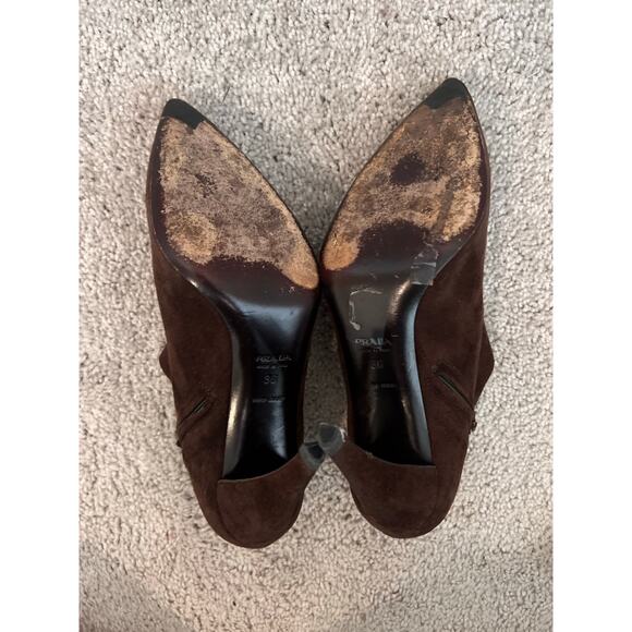 Prada Vero Cuoio Suede Leather Pointed Toe Cone Heel Ankle Bootie Brown Women 36 - Picture 10 of 11